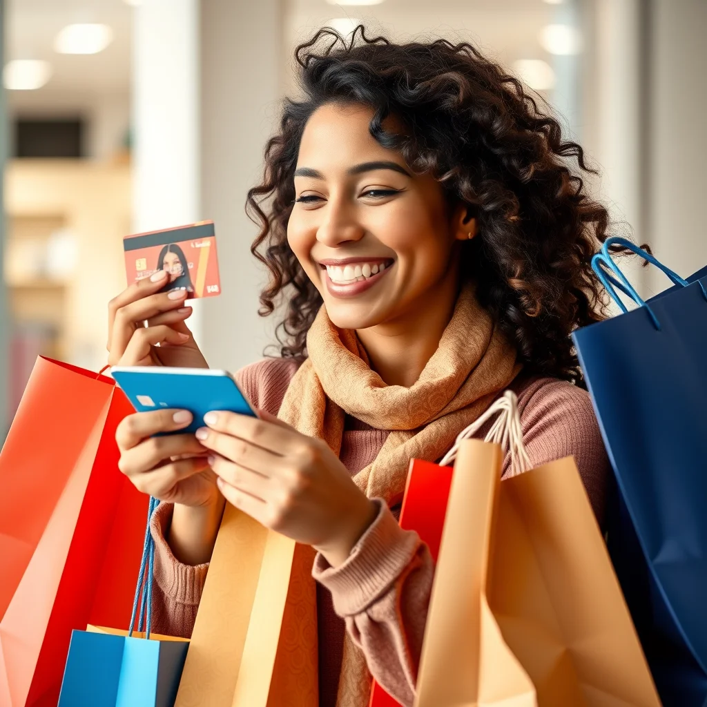 Persona comprando con tarjeta de crédito y bolsas.