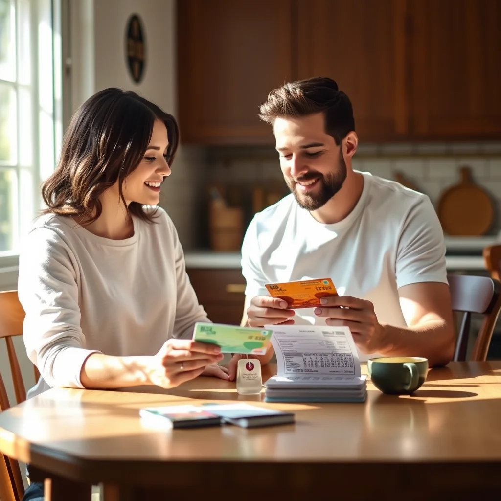 Pareja revisando ofertas de tarjetas de crédito.