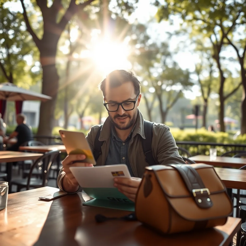 Viajero eligiendo tarjetas en una mesa de café.