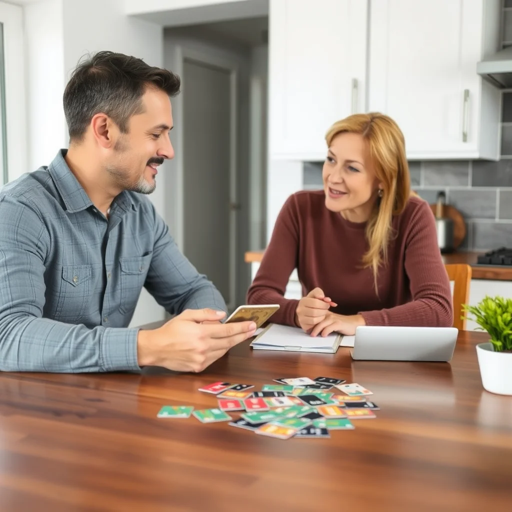 Pareja discutiendo finanzas con tarjetas de crédito.