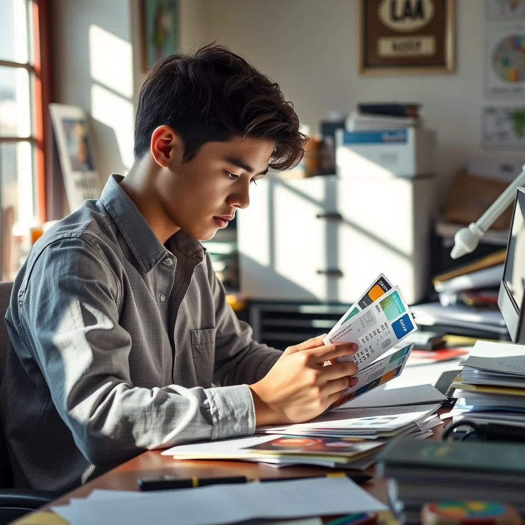 Estudiante revisando ofertas de tarjetas de crédito.