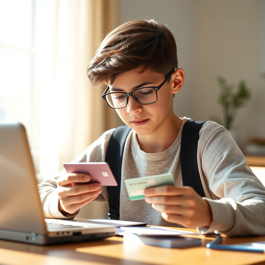 Estudiante comparando tarjetas de crédito en un escritorio.