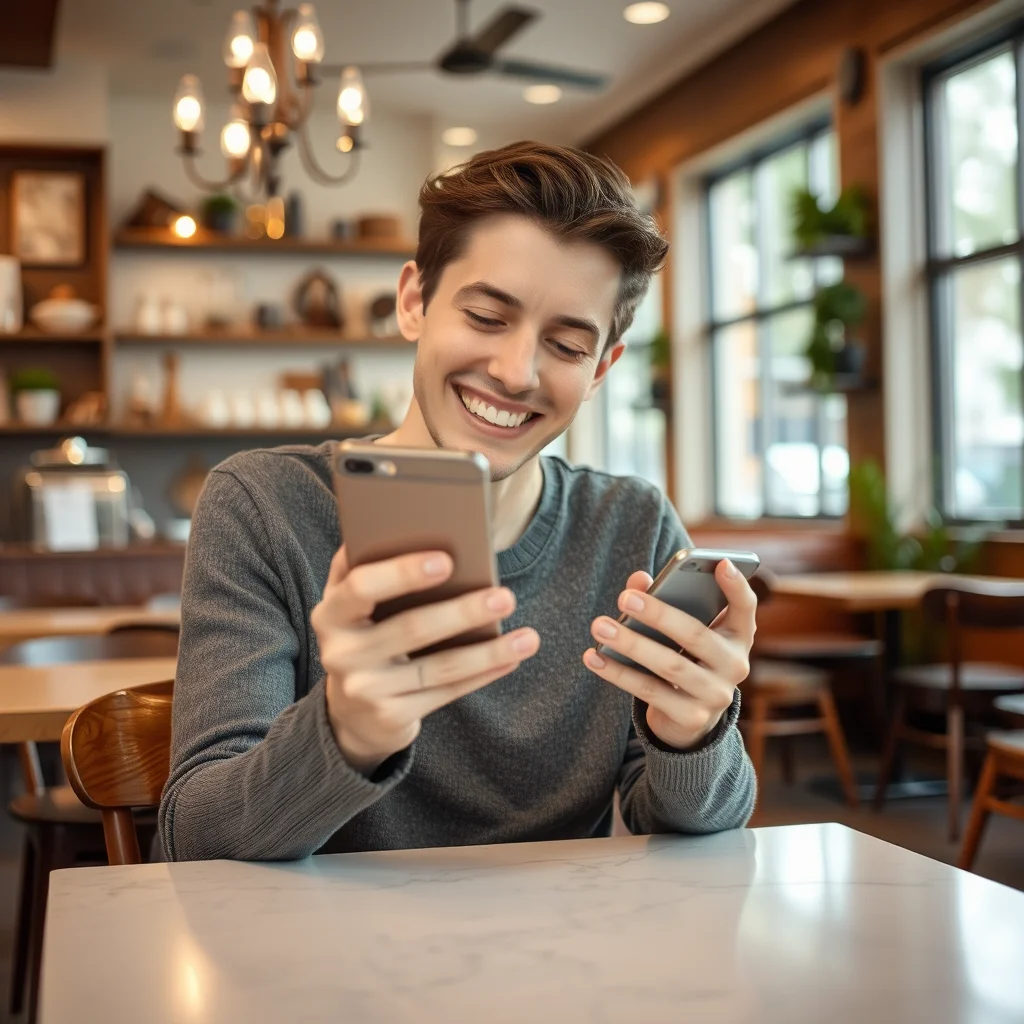 Persona feliz usando una app financiera en un café.