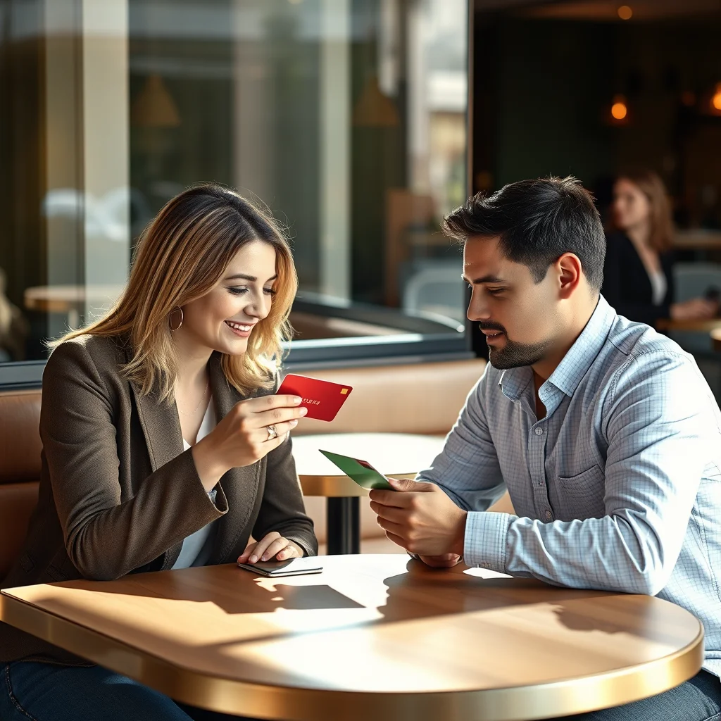 Dos personas comparando tarjetas en una mesa.