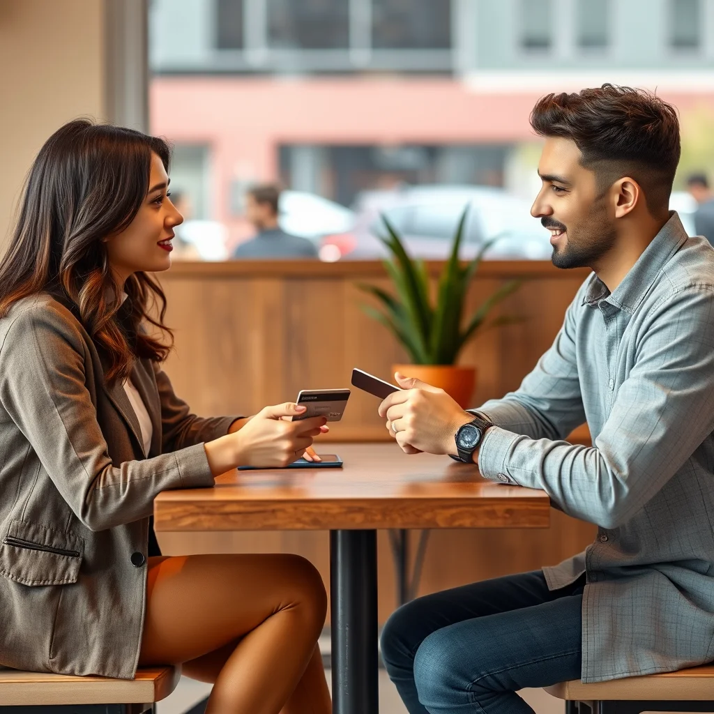 Dos personas discutiendo opciones de tarjetas.