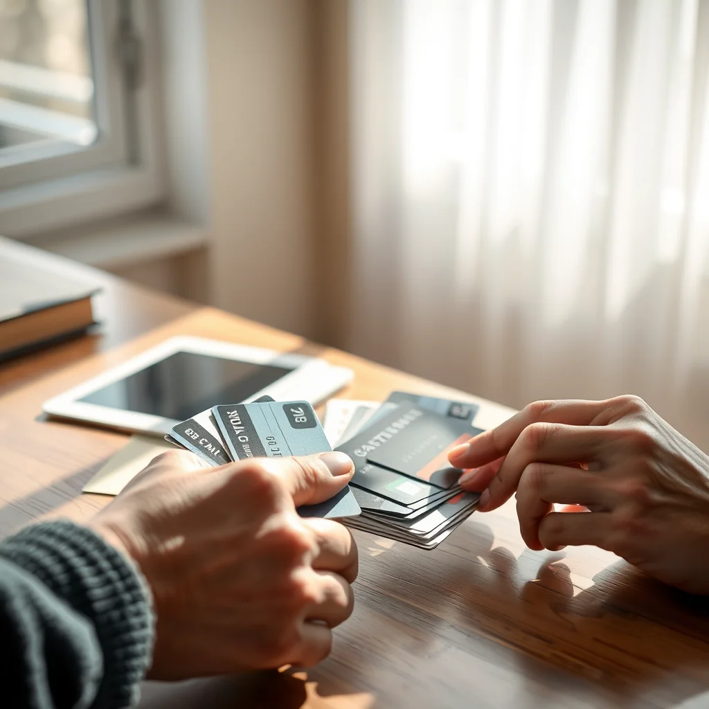 Persona revisando tarjetas de crédito en una mesa.