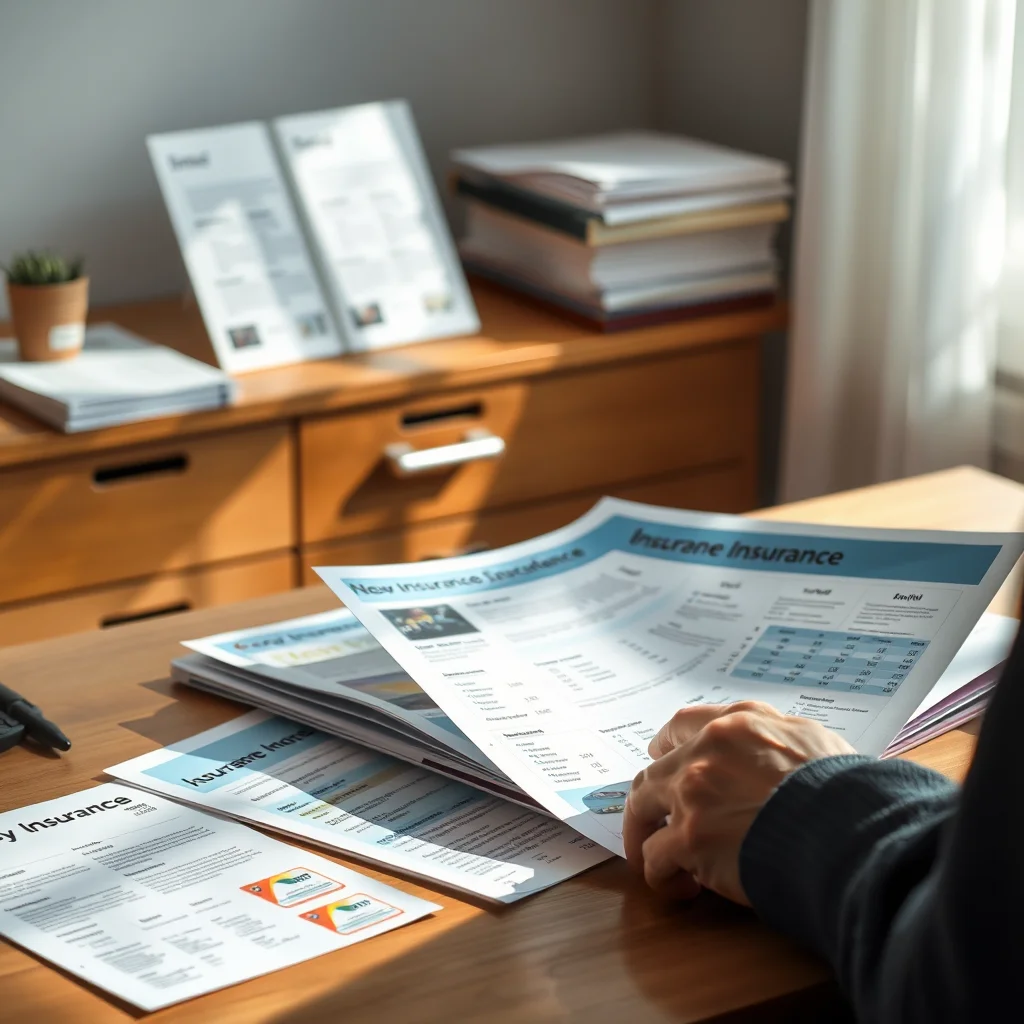 Persona revisando folletos de seguros en un escritorio.