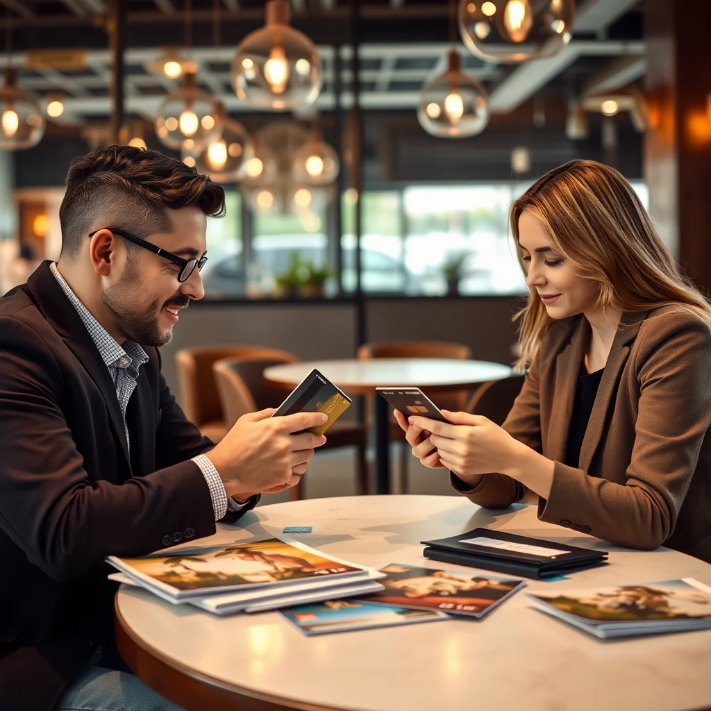 Pareja revisando tarjetas de crédito en una mesa.