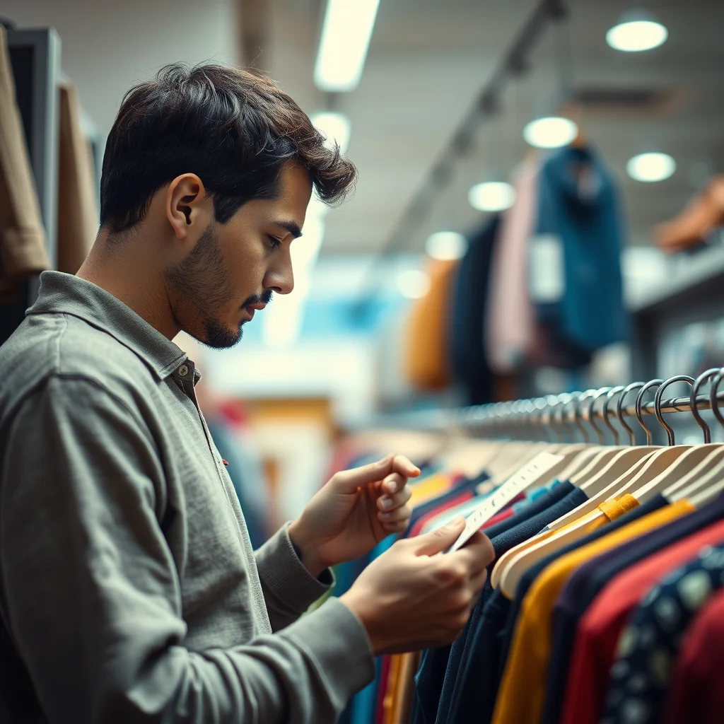 Persona revisando etiquetas de ropa en tienda.