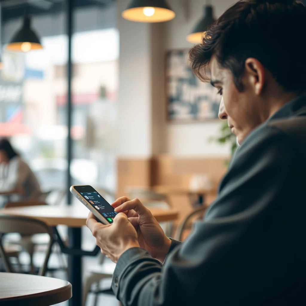 Persona revisando su teléfono en un café.
