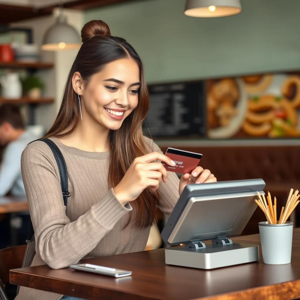 Mujer joven pagando con tarjeta de crédito.