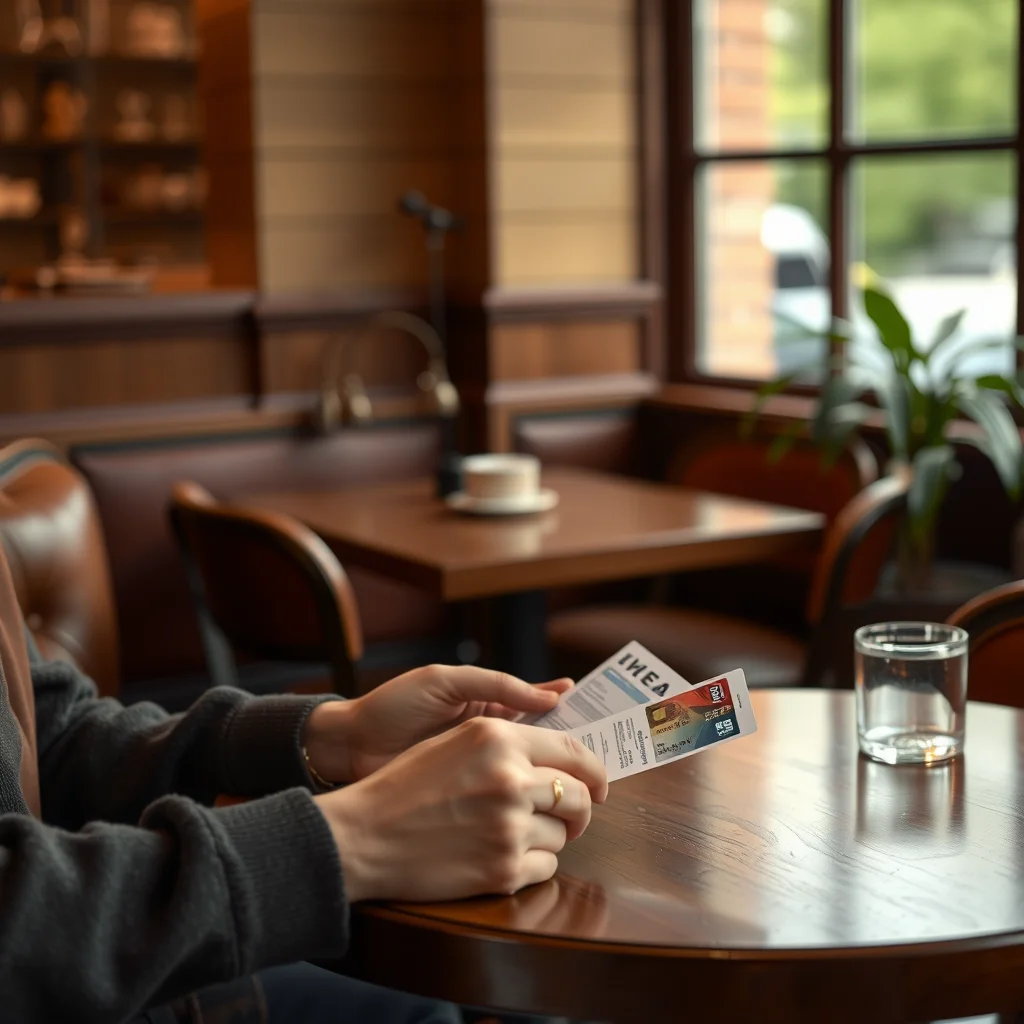 Persona revisando ofertas de tarjetas en una cafetería.