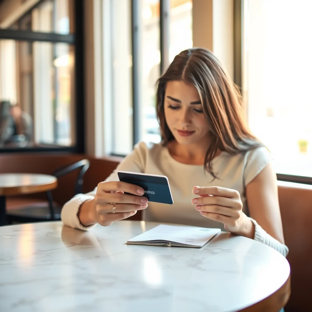 Mujer revisa su tarjeta de crédito en una cafetería.