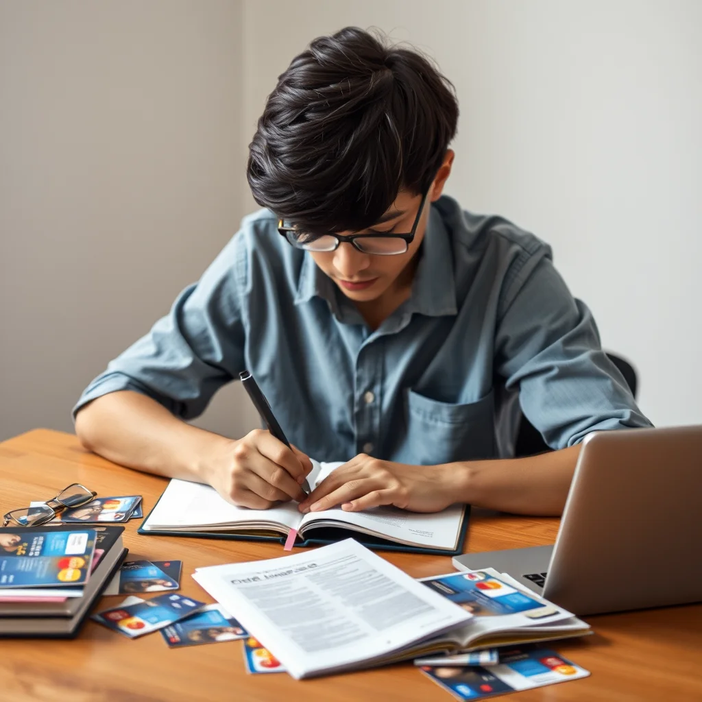 Estudiante revisando folletos de tarjetas de crédito.
