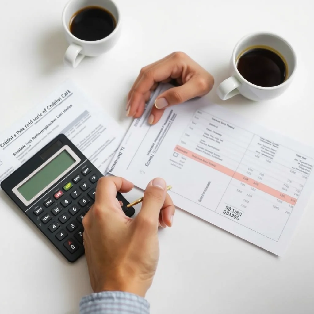 Persona revisando estados de cuenta con calculadora.