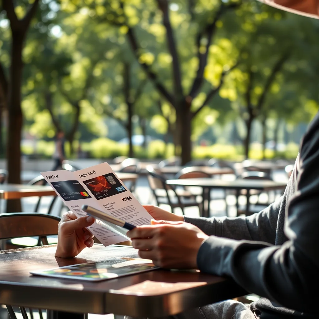 Persona comparando folletos de tarjetas en una mesa.
