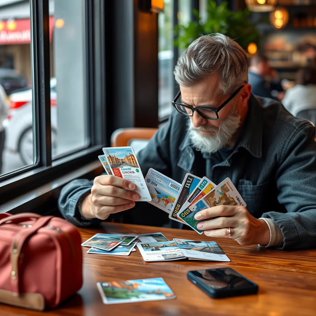 Un viajero revisando tarjetas de beneficios.