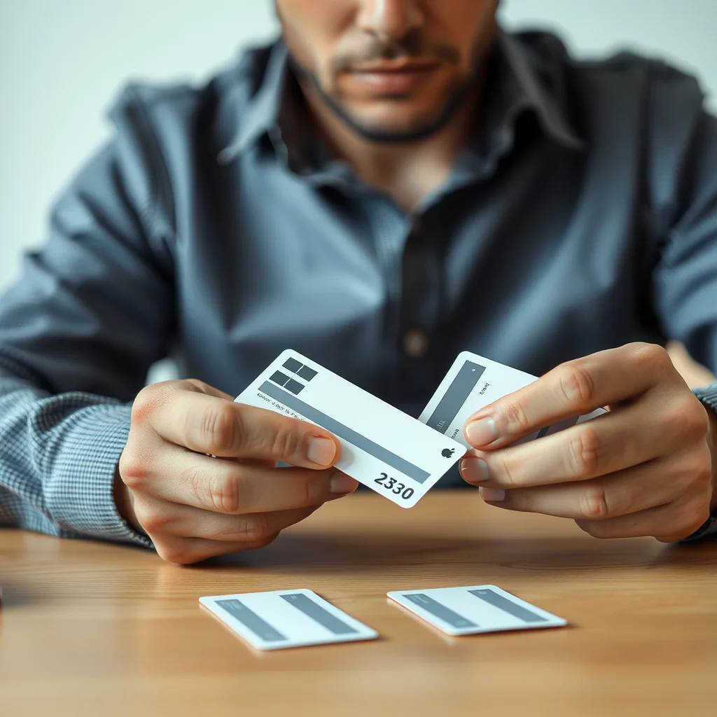 Persona comparando tarjetas de crédito en una mesa.