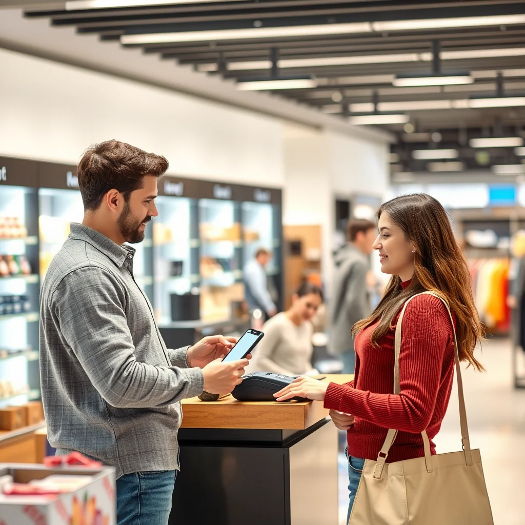 Pareja discutiendo opciones de pago en tienda.
