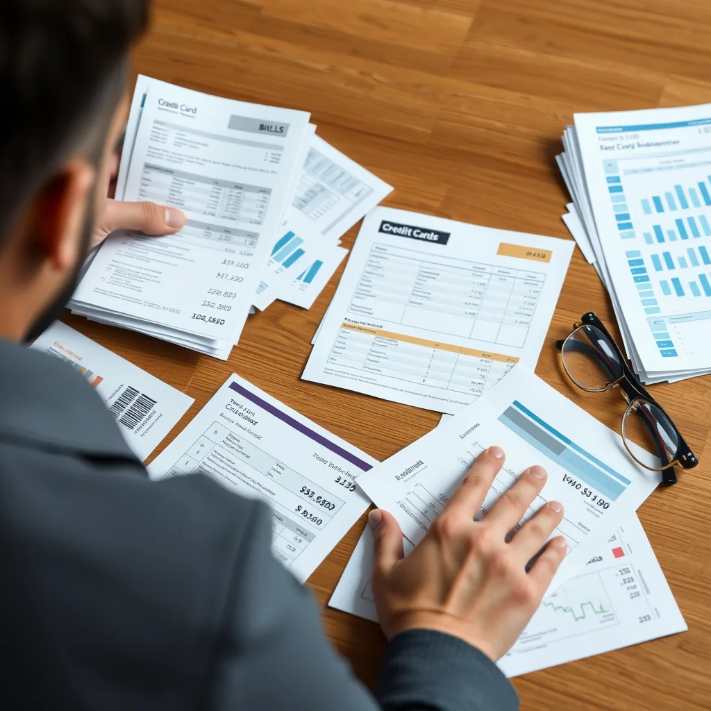 Persona revisando cuentas y tarjetas en la mesa.