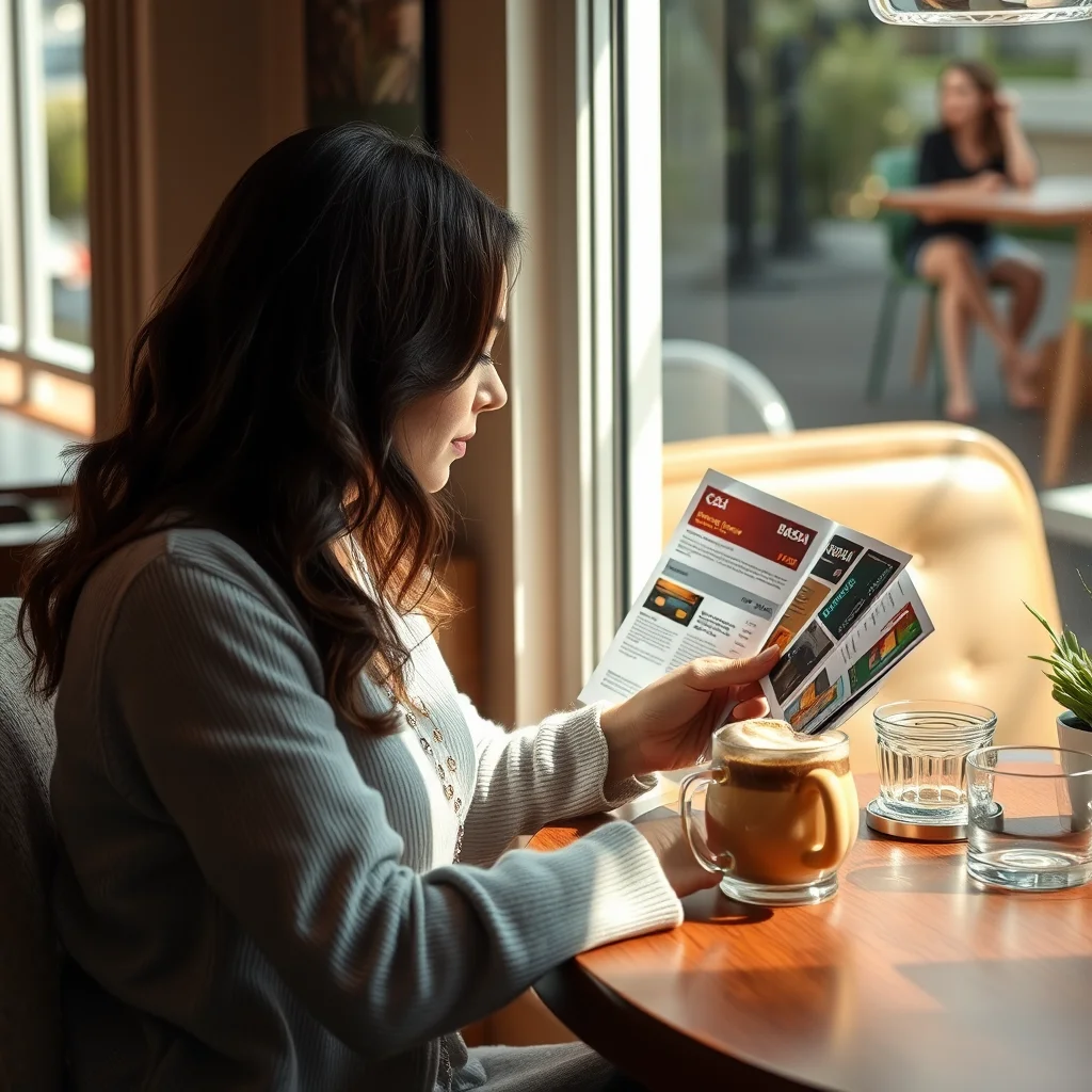 Persona revisando ofertas de tarjetas en una cafetería.