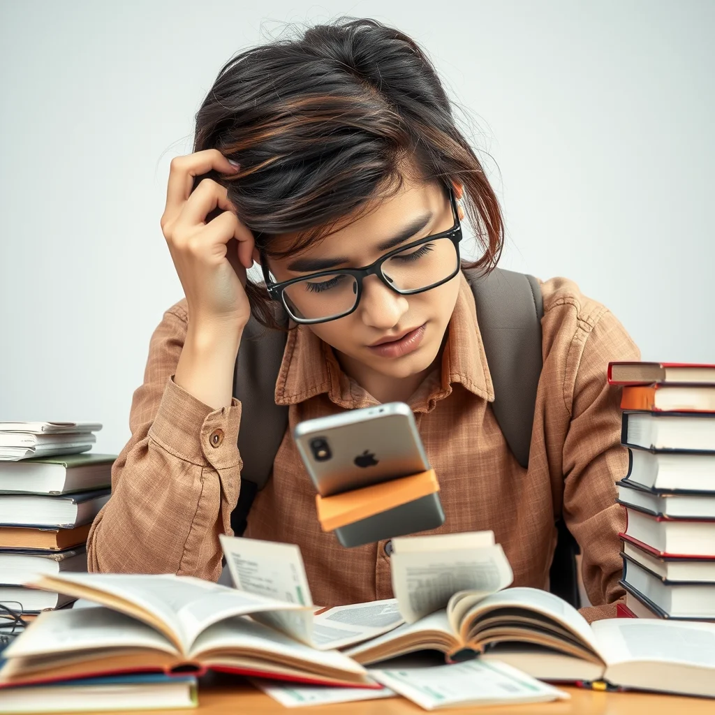 Estudiante preocupado revisando cuentas y libros.