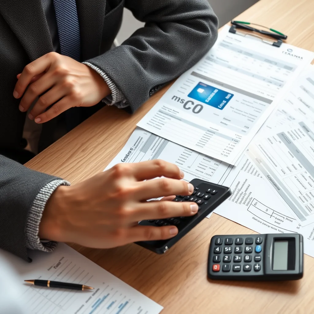 Persona calculando gastos con tarjetas de crédito.