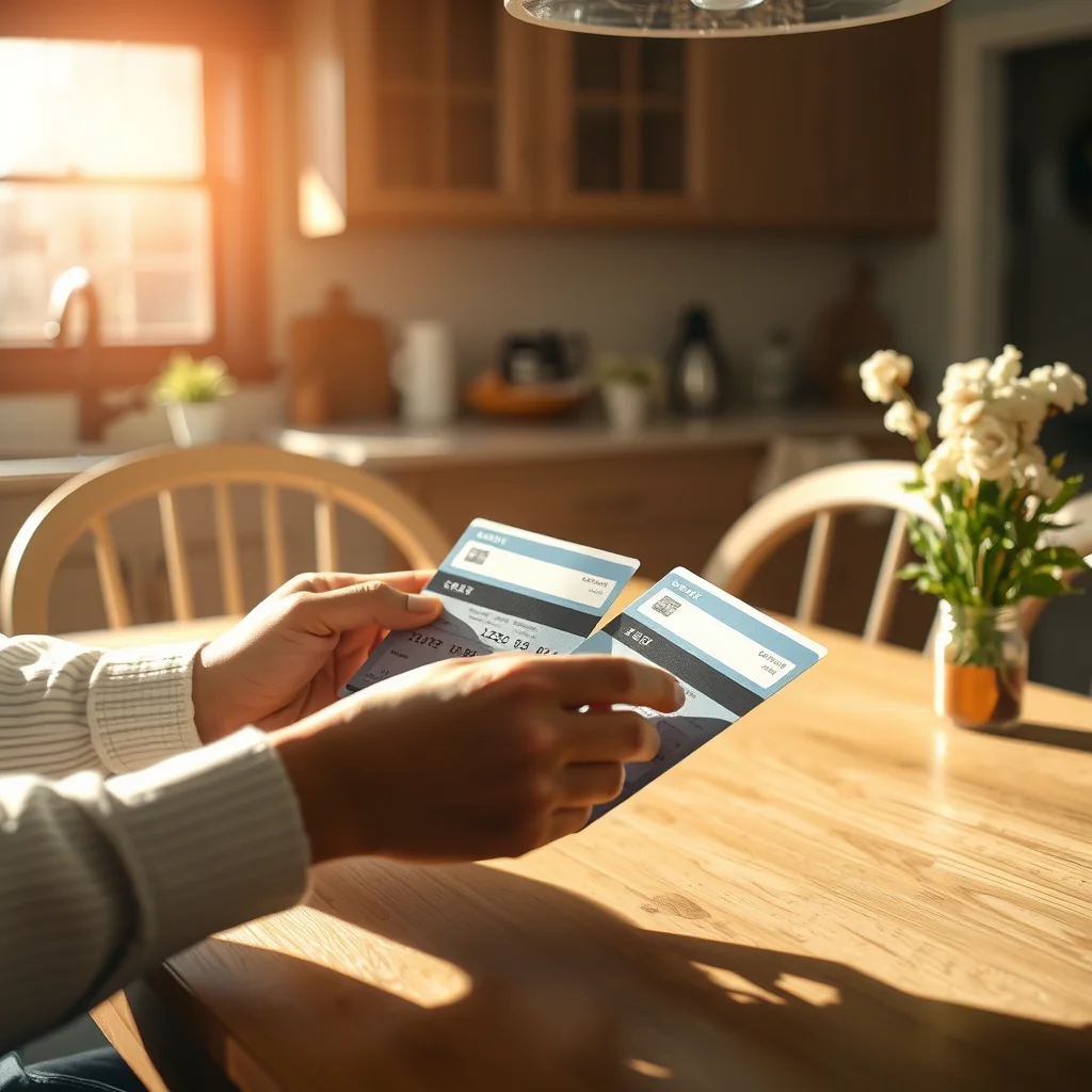 Persona comparando tarjetas en la mesa de cocina.