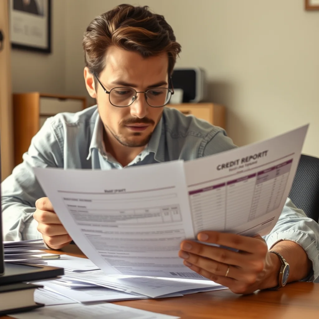Persona revisando un informe de crédito en un escritorio.