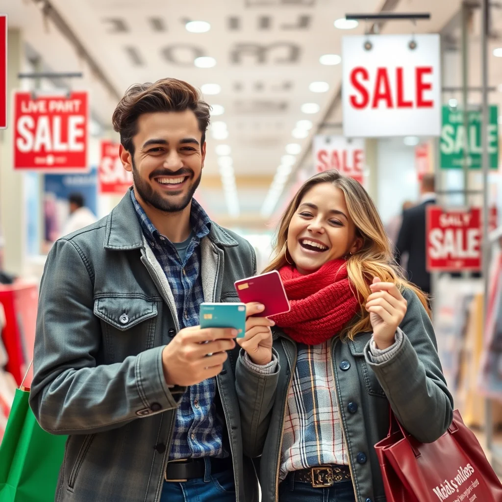 Pareja feliz comprando con tarjetas de crédito.