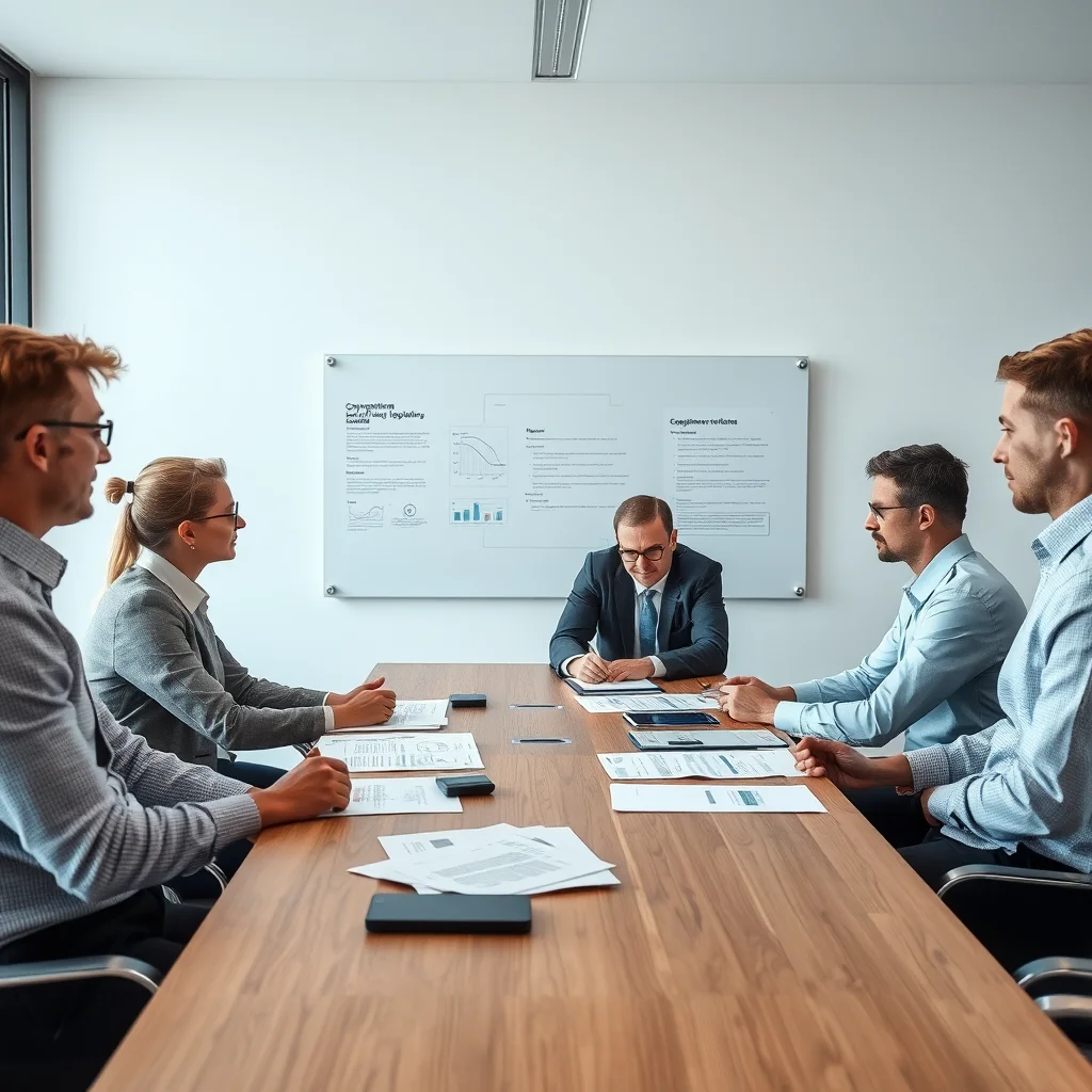 Profesionales discutiendo regulaciones de cumplimiento.