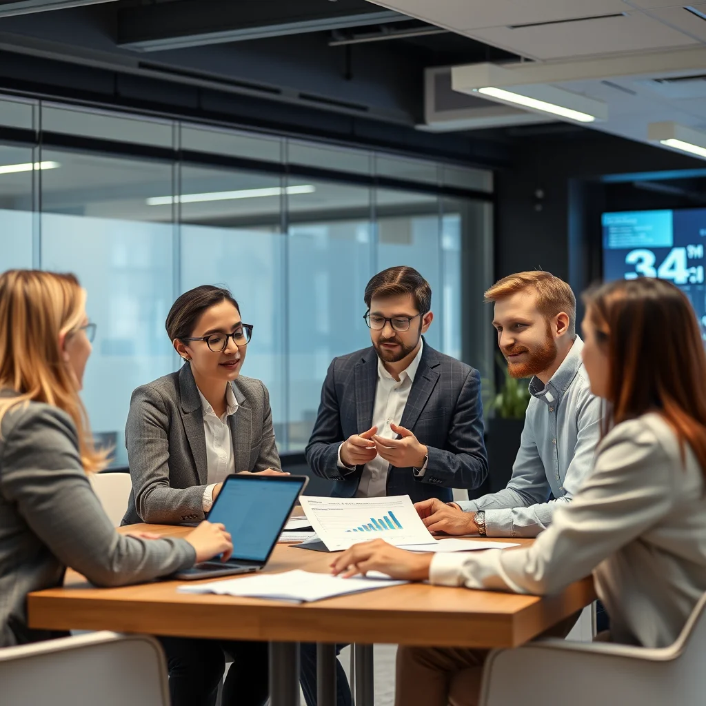 Profesionales analizando datos en oficina moderna.