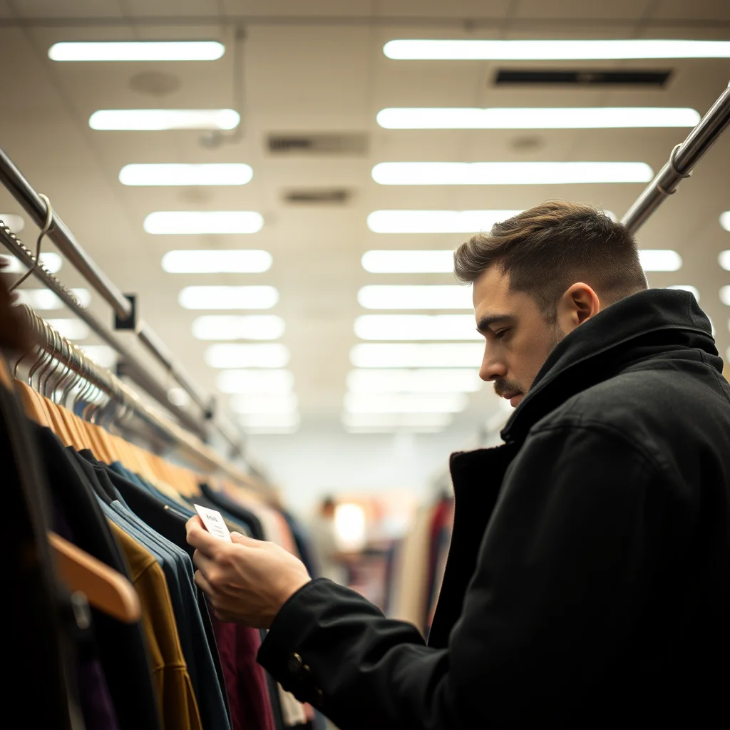 Persona analizando etiquetas de ropa en tienda.