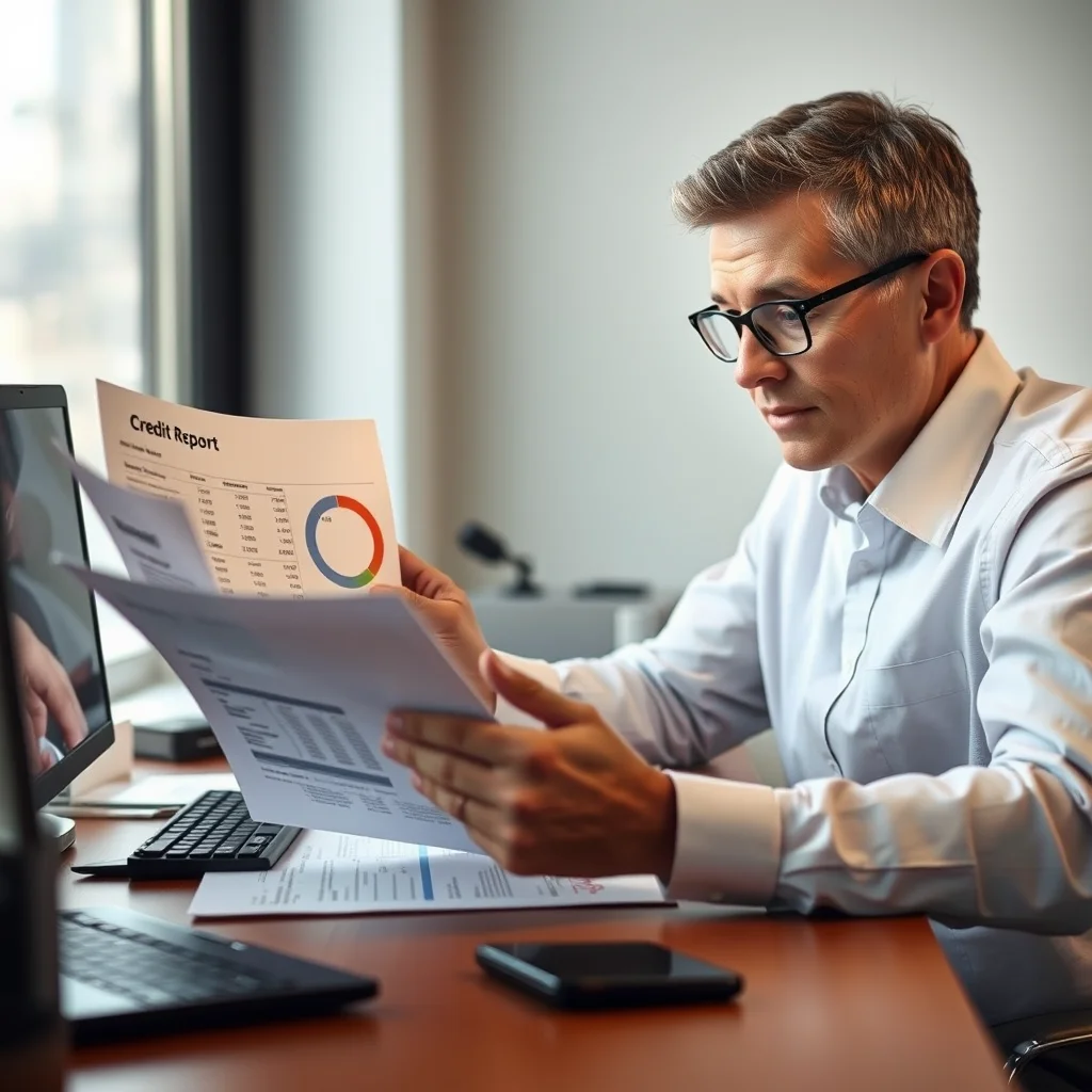 Persona revisando un informe de crédito en un escritorio.