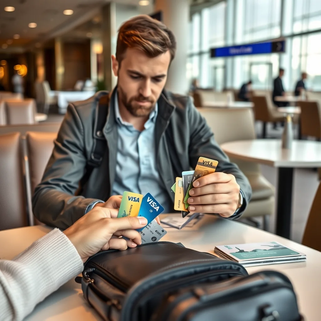 Un viajero revisando tarjetas de crédito en un aeropuerto.