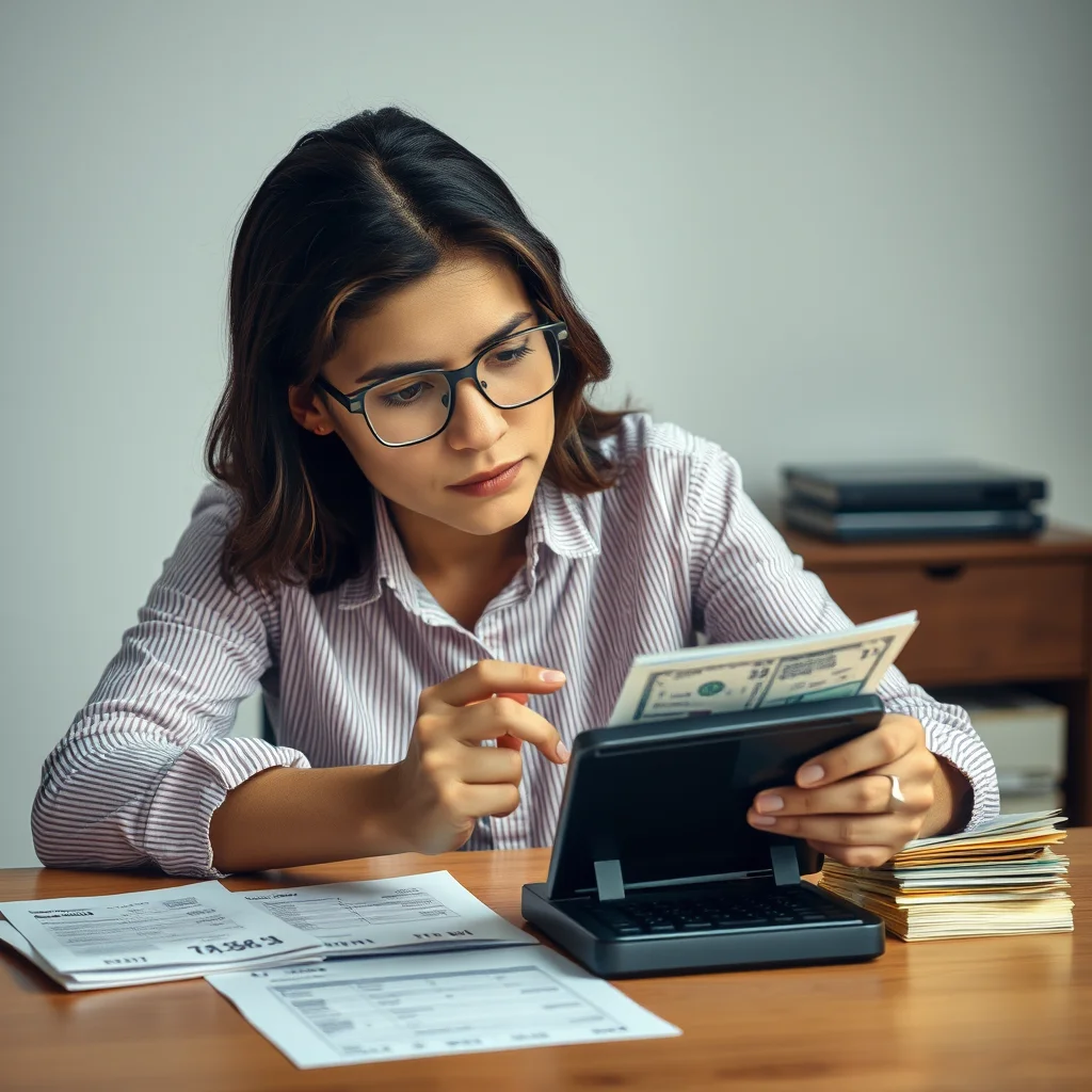 Persona revisando cuentas con calculadora en la mesa.